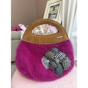 Kangol Pink Faux Fur Clutch Bag Applique Button Accent Brown Suede Handle